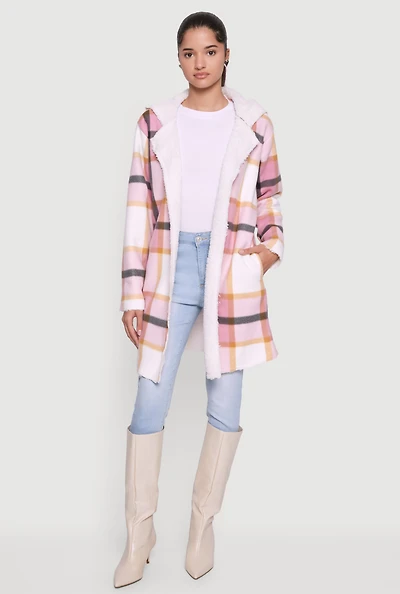 Plaid Patterned Hooded Open Front Sherpa Jacket