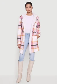Plaid Patterned Hooded Open Front Sherpa Jacket