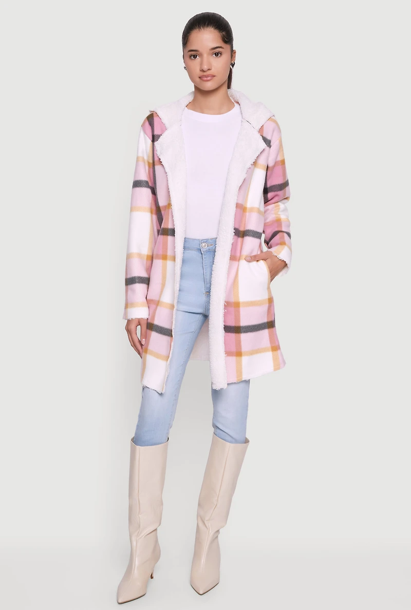 Plaid Patterned Hooded Open Front Sherpa Jacket