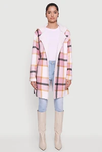 Plaid Patterned Hooded Open Front Sherpa Jacket