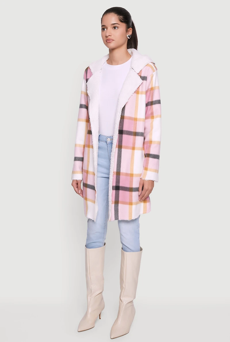 Plaid Patterned Hooded Open Front Sherpa Jacket