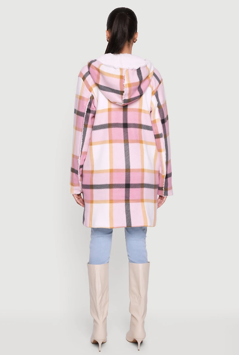 Plaid Patterned Hooded Open Front Sherpa Jacket
