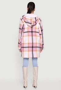 Plaid Patterned Hooded Open Front Sherpa Jacket