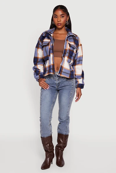 Womens Plaid Sherpa Lined Button Front Shacket, Blue,