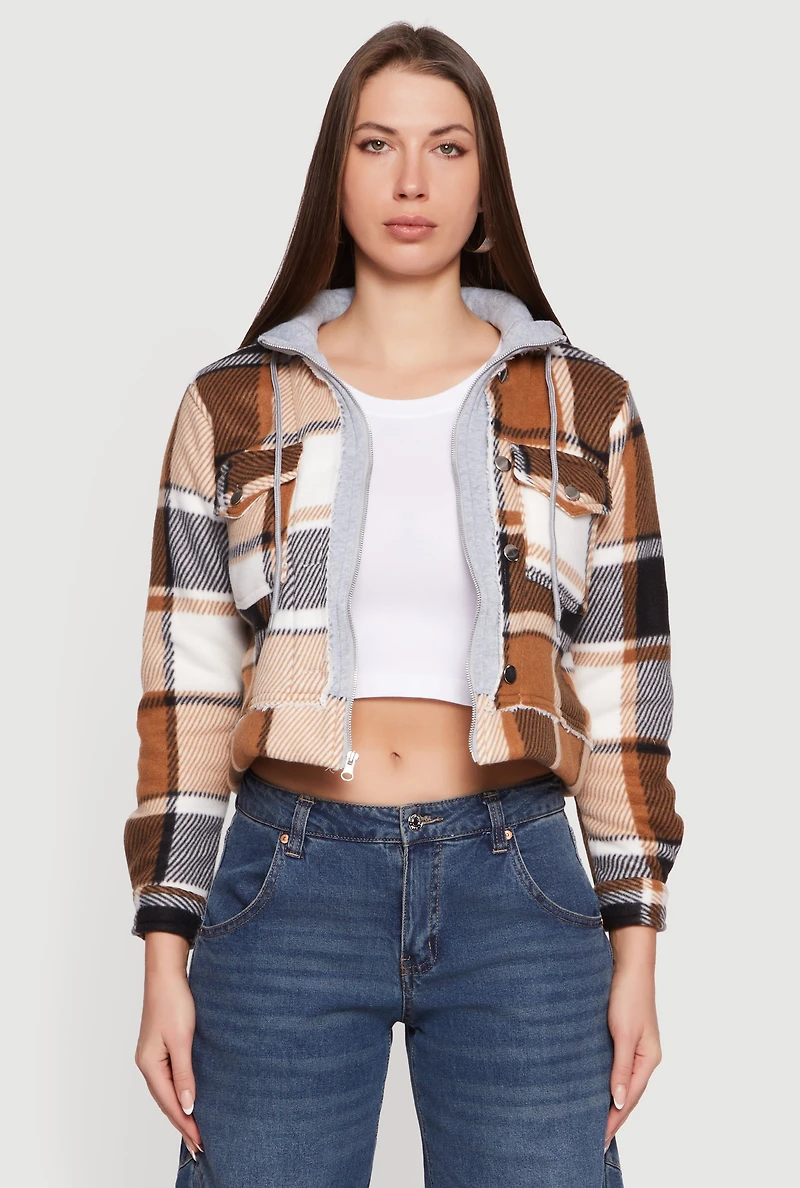 Womens Plaid Zip Front Cropped Hooded Sherpa Shacket, Brown, Size M