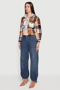 Womens Plaid Zip Front Cropped Hooded Sherpa Shacket, Brown, Size M