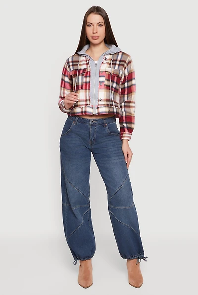 Plaid Zip Front Cropped Hooded Sherpa Shacket