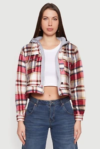 Plaid Zip Front Cropped Hooded Sherpa Shacket