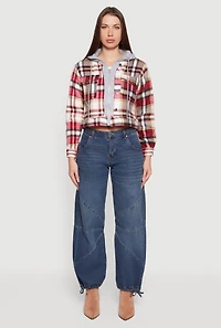 Plaid Zip Front Cropped Hooded Sherpa Shacket