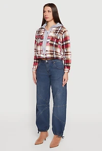 Plaid Zip Front Cropped Hooded Sherpa Shacket