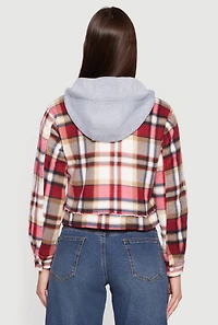 Plaid Zip Front Cropped Hooded Sherpa Shacket