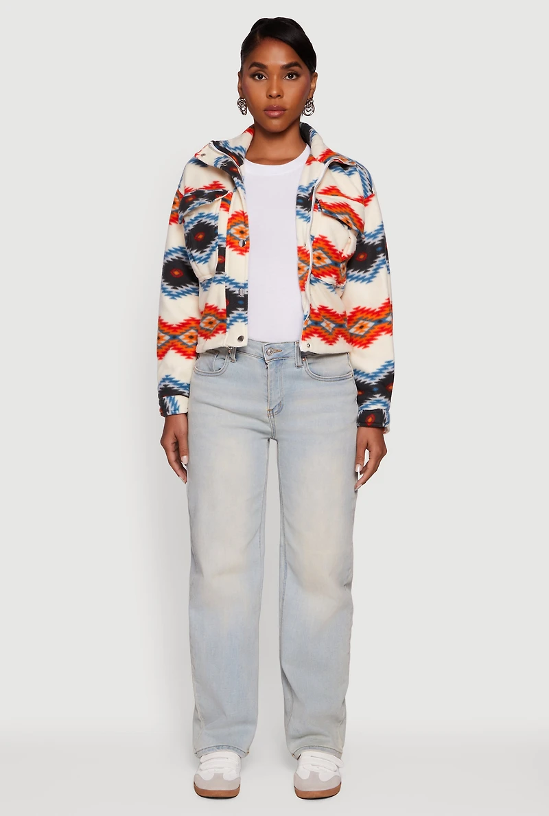 Womens Sherpa Lined Aztec Pattern Fleece Jacket, Multi,