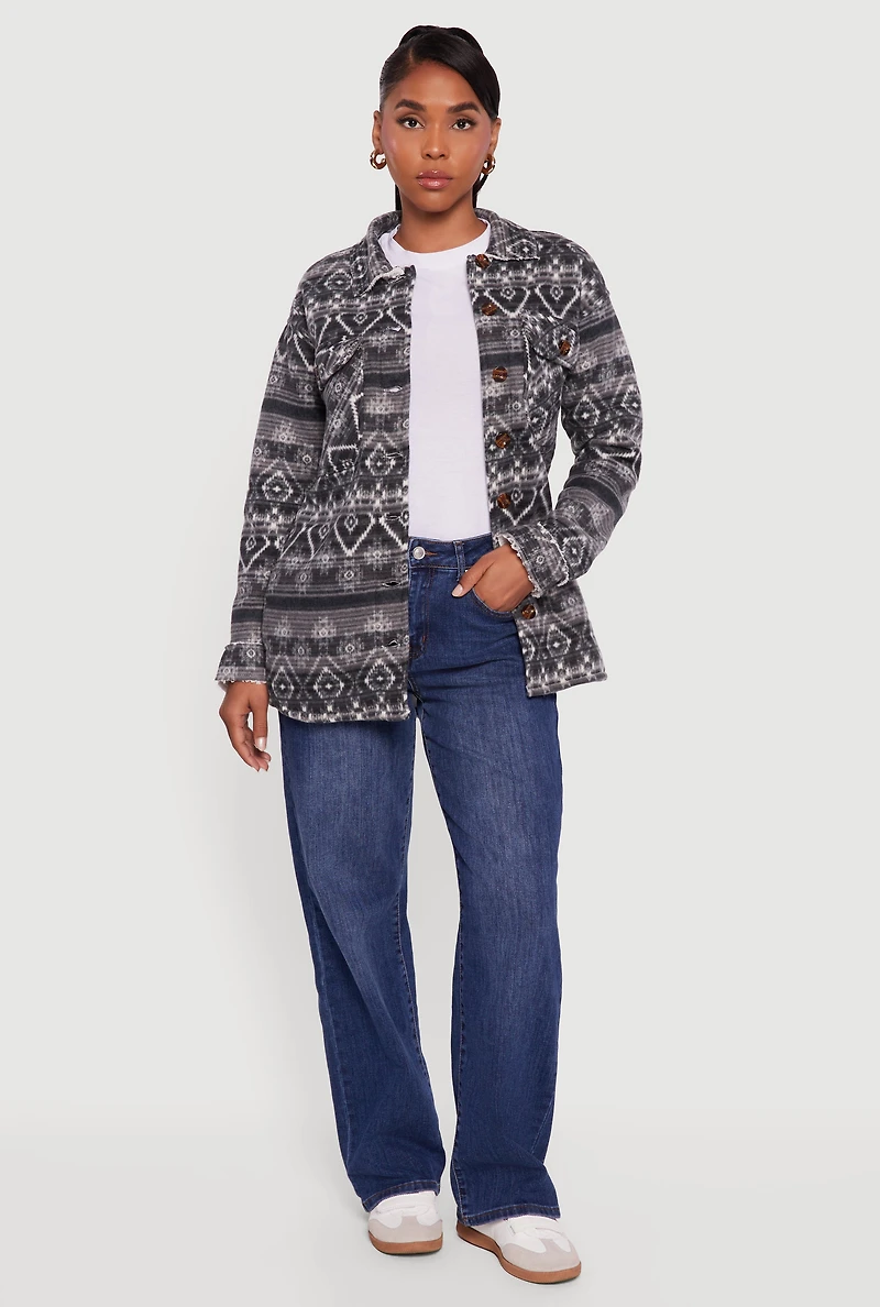Womens Fair Isle Print Sherpa Lined Fleece Shacket, Grey, Size S
