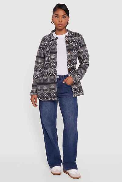 Womens Fair Isle Print Sherpa Lined Fleece Shacket, Grey, Size S