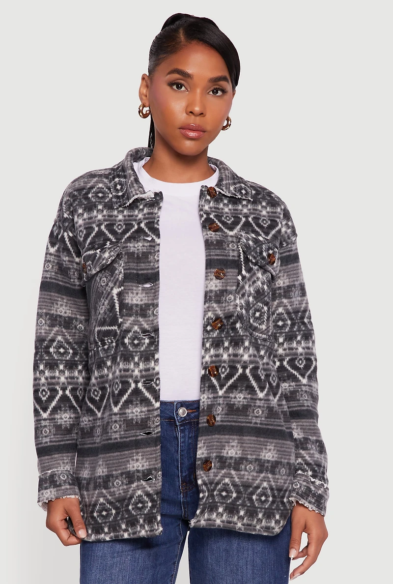 Womens Fair Isle Print Sherpa Lined Fleece Shacket, Grey, Size S