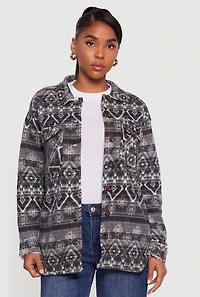 Womens Fair Isle Print Sherpa Lined Fleece Shacket, Grey, Size S