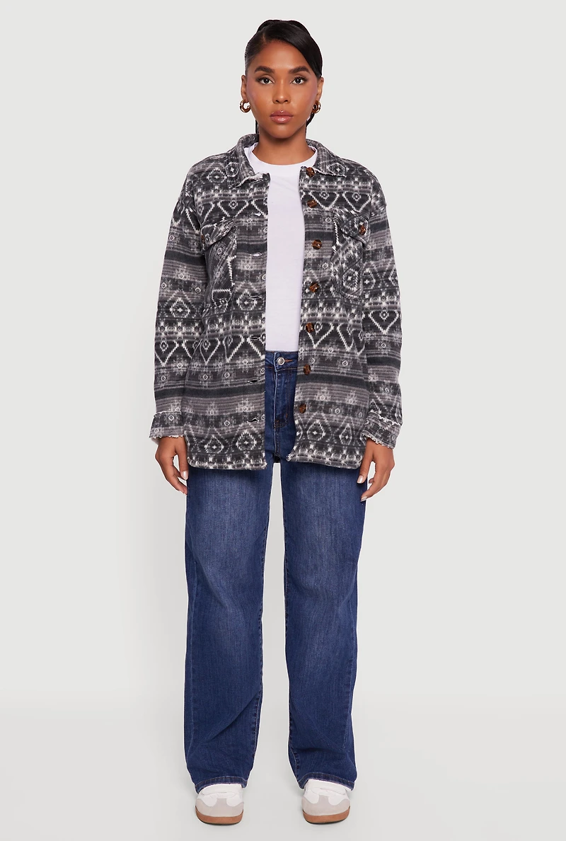 Womens Fair Isle Print Sherpa Lined Fleece Shacket, Grey, Size S