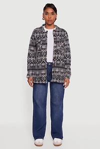 Womens Fair Isle Print Sherpa Lined Fleece Shacket, Grey, Size S