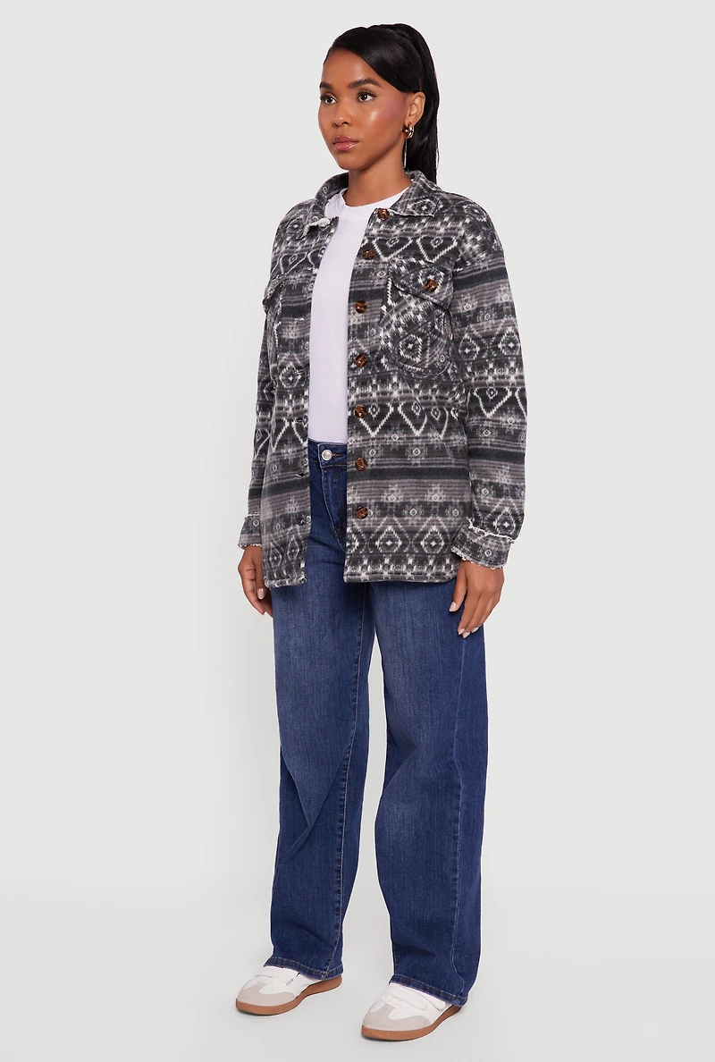 Womens Fair Isle Print Sherpa Lined Fleece Shacket, Grey, Size S