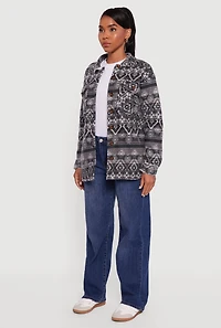 Womens Fair Isle Print Sherpa Lined Fleece Shacket, Grey, Size S