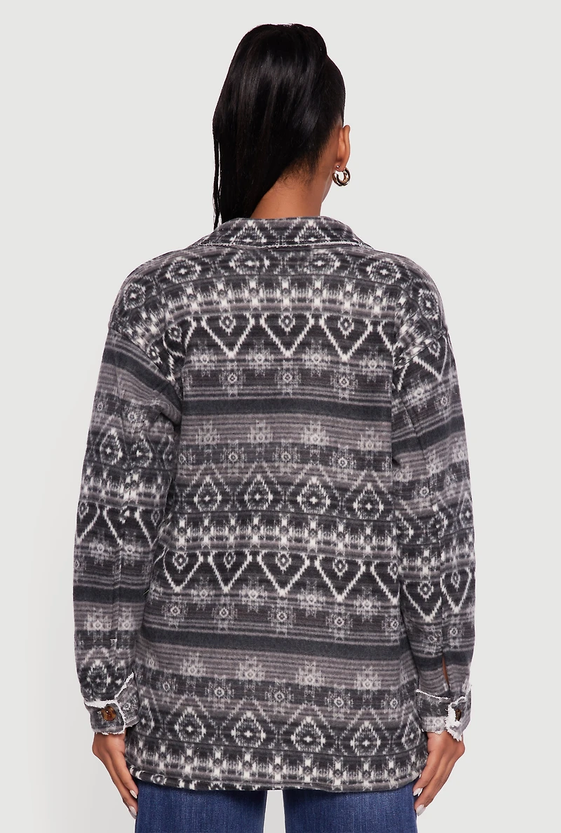 Womens Fair Isle Print Sherpa Lined Fleece Shacket, Grey, Size S