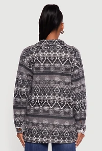 Womens Fair Isle Print Sherpa Lined Fleece Shacket, Grey, Size S