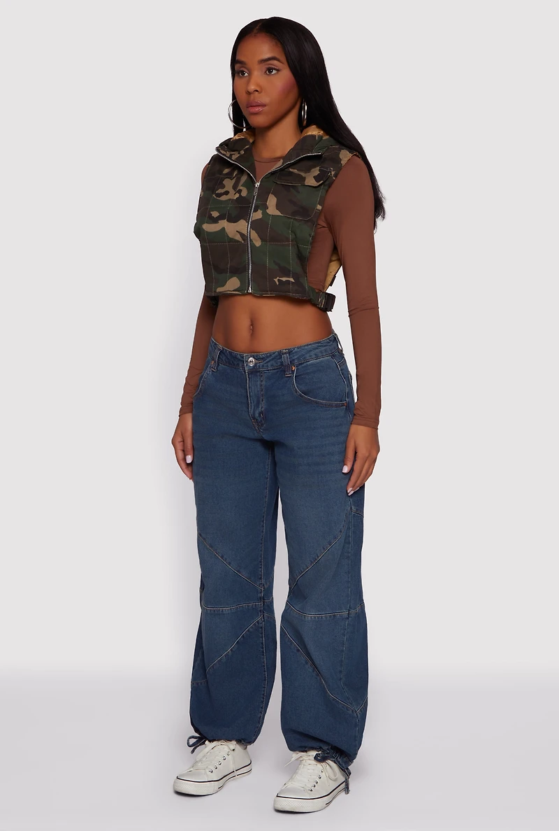 Hooded Zip Front Cropped Camouflage Vest