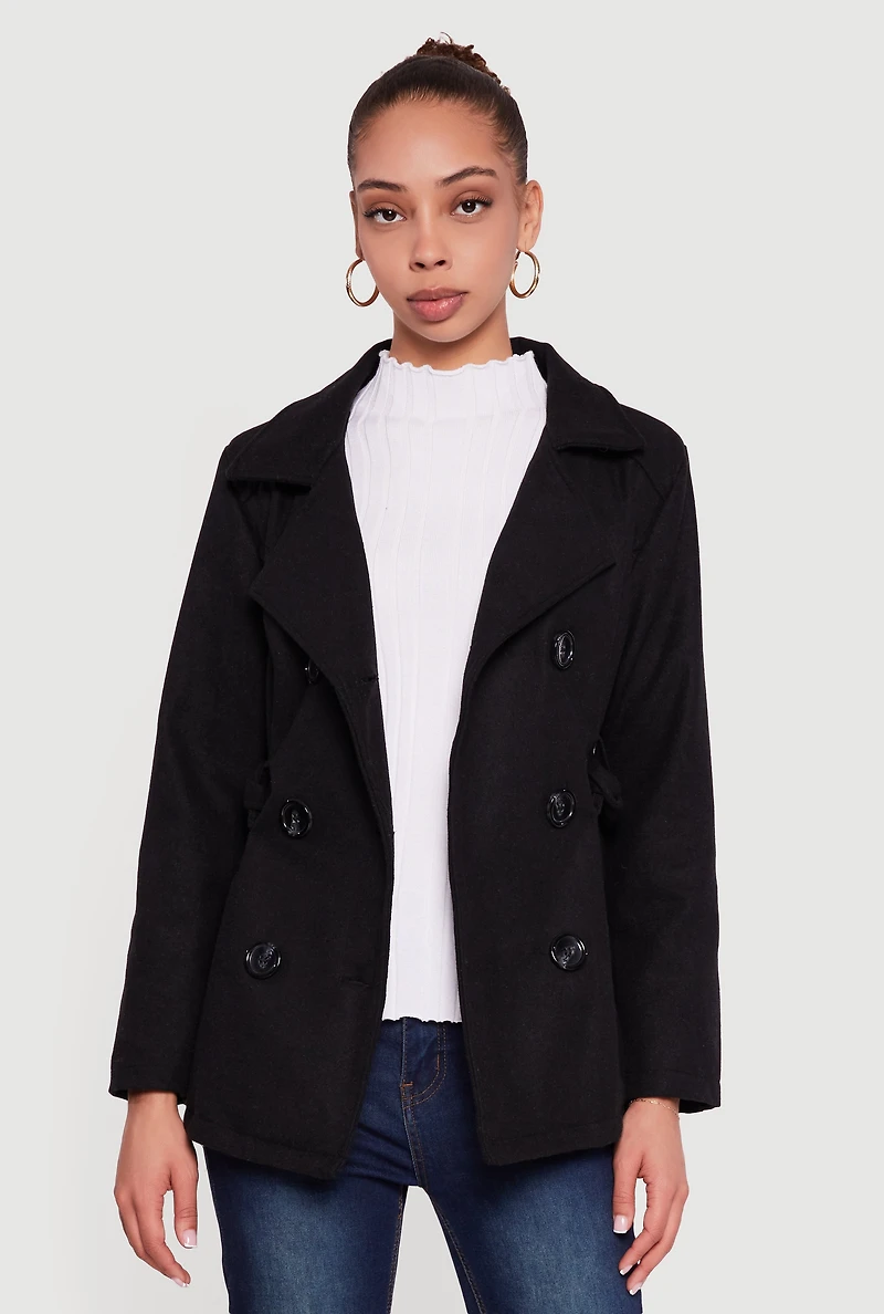 Wool Button Front Peacoat with Tie Waist Belt
