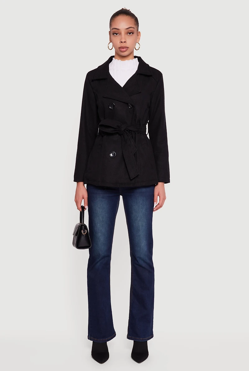 Wool Button Front Peacoat with Tie Waist Belt