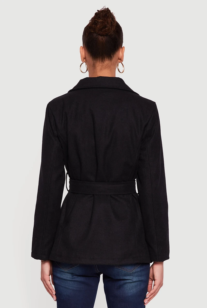 Wool Button Front Peacoat with Tie Waist Belt