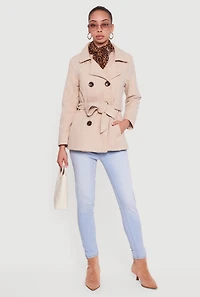 Womens Wool Button Front Peacoat with Tie Waist Belt, Beige, Size L