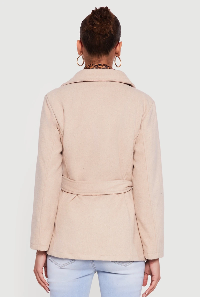 Womens Wool Button Front Peacoat with Tie Waist Belt, Beige, Size L