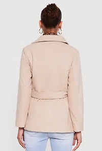 Womens Wool Button Front Peacoat with Tie Waist Belt, Beige, Size L
