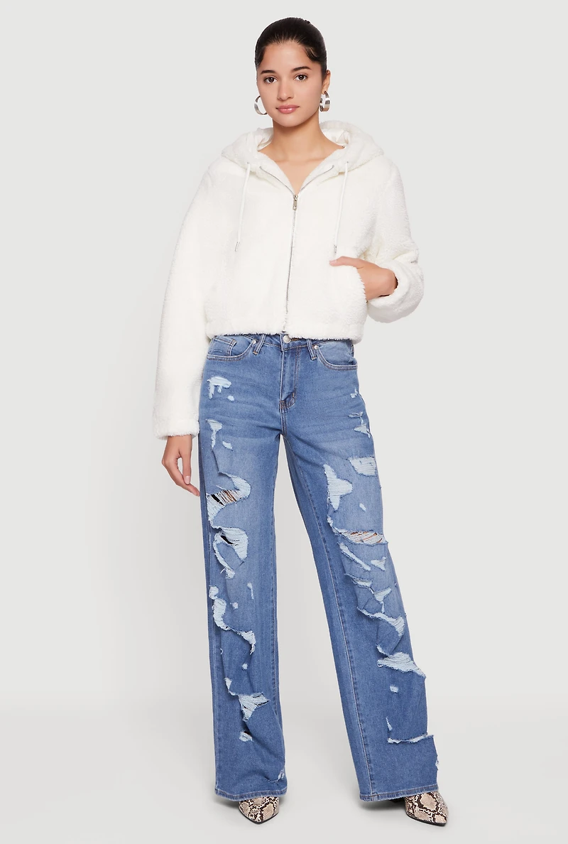 Womens Sherpa Hooded Zip Front Jacket, White,