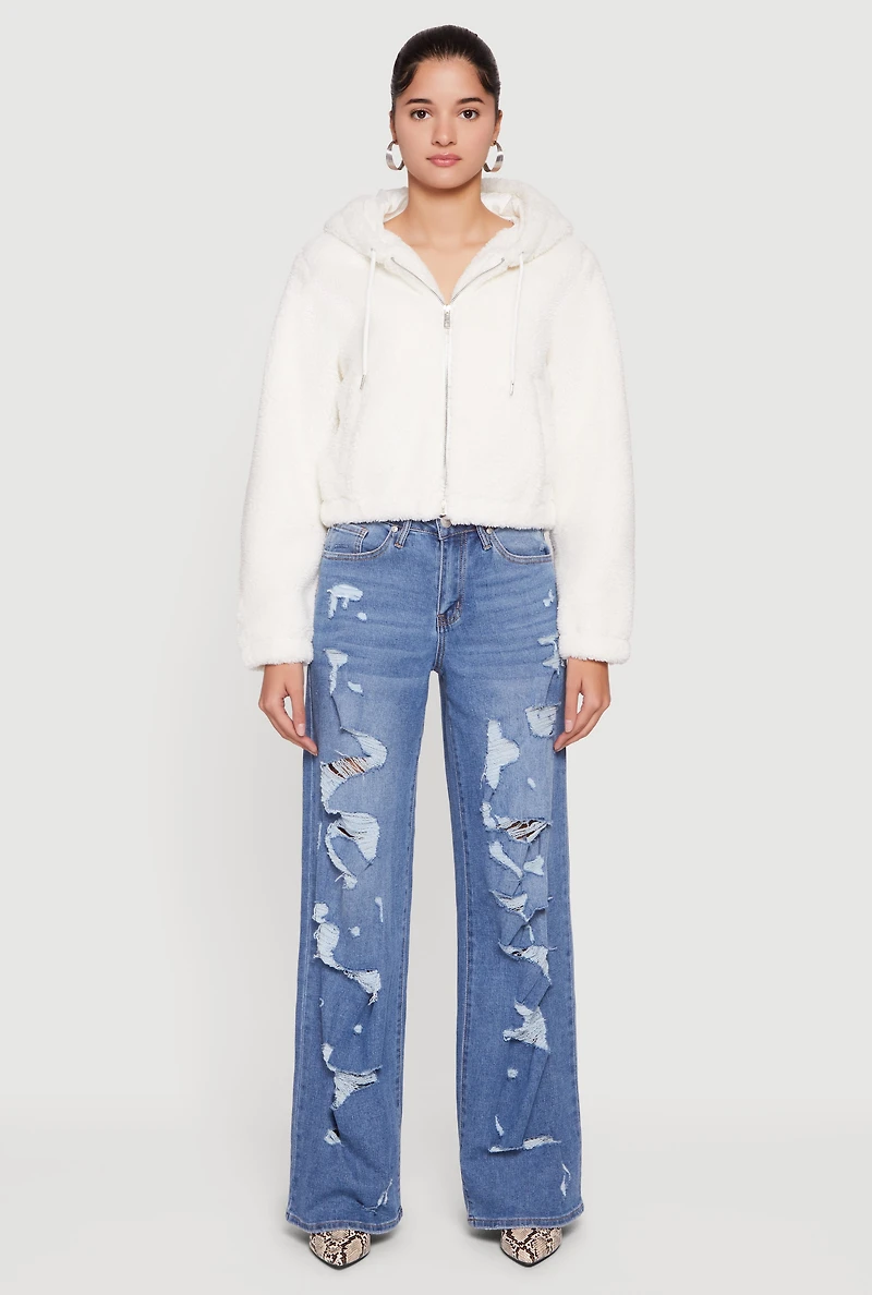 Womens Sherpa Hooded Zip Front Jacket, White,