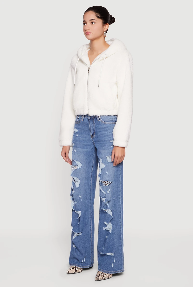 Womens Sherpa Hooded Zip Front Jacket, White,