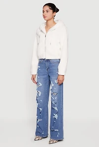 Womens Sherpa Hooded Zip Front Jacket, White,