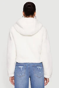 Womens Sherpa Hooded Zip Front Jacket, White,