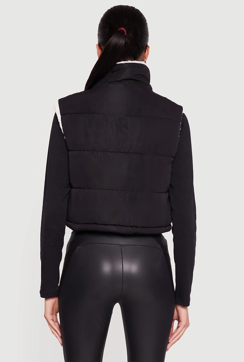 Sherpa Lined Drawstring Hem Zip Front Puffer Vest
