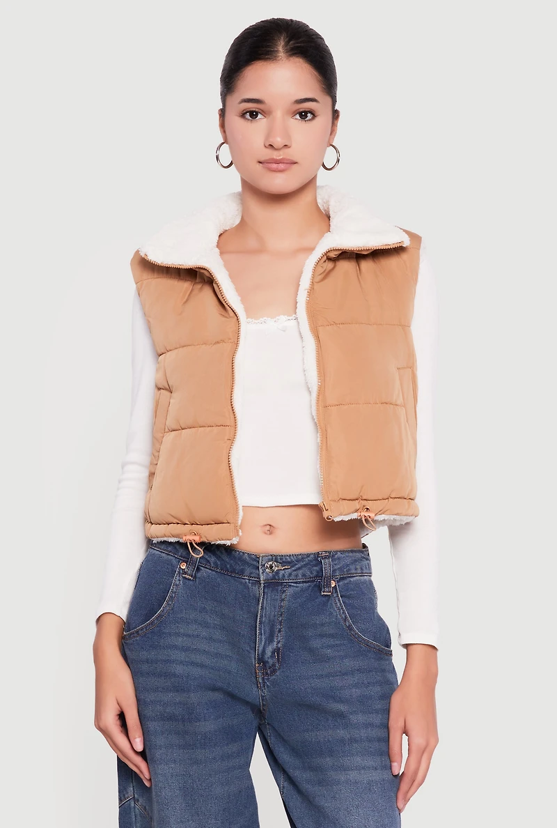 Womens Sherpa Lined Drawstring Hem Zip Front Puffer Vest, Brown,