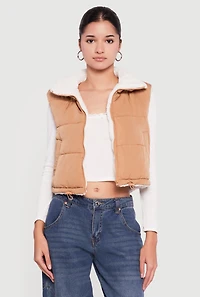 Womens Sherpa Lined Drawstring Hem Zip Front Puffer Vest, Brown,