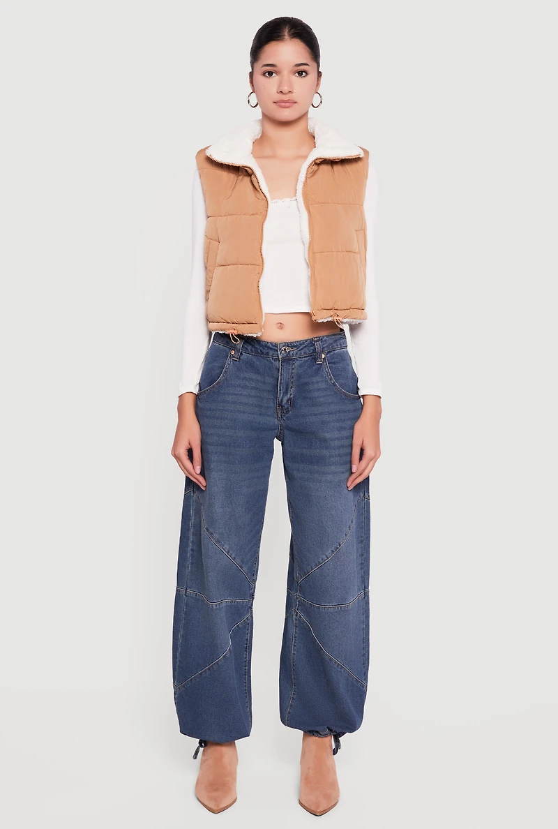 Womens Sherpa Lined Drawstring Hem Zip Front Puffer Vest,