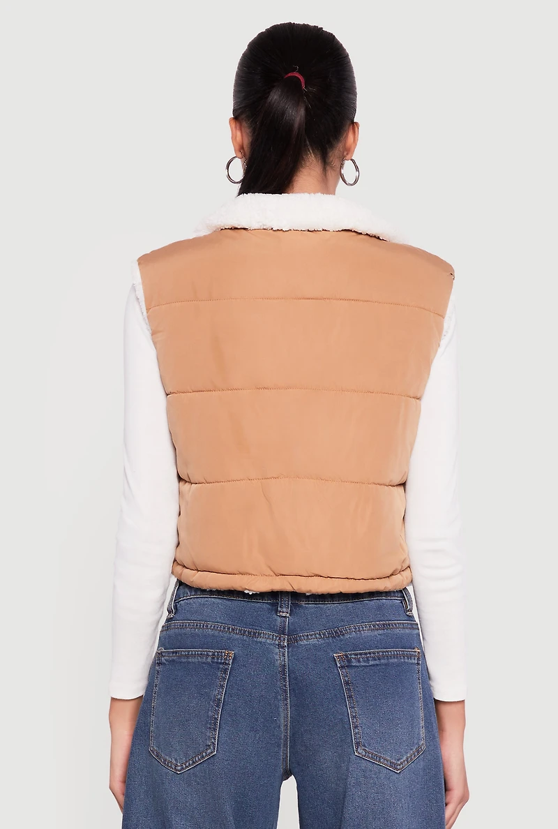 Sherpa Lined Drawstring Hem Zip Front Puffer Vest