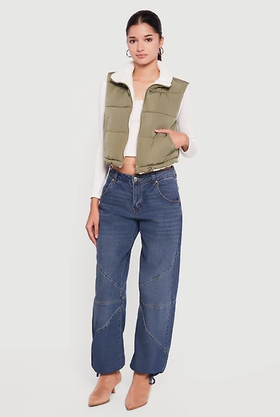 Sherpa Lined Drawstring Hem Zip Front Puffer Vest