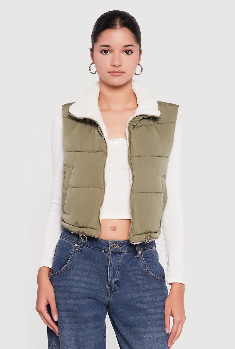 Sherpa Lined Drawstring Hem Zip Front Puffer Vest