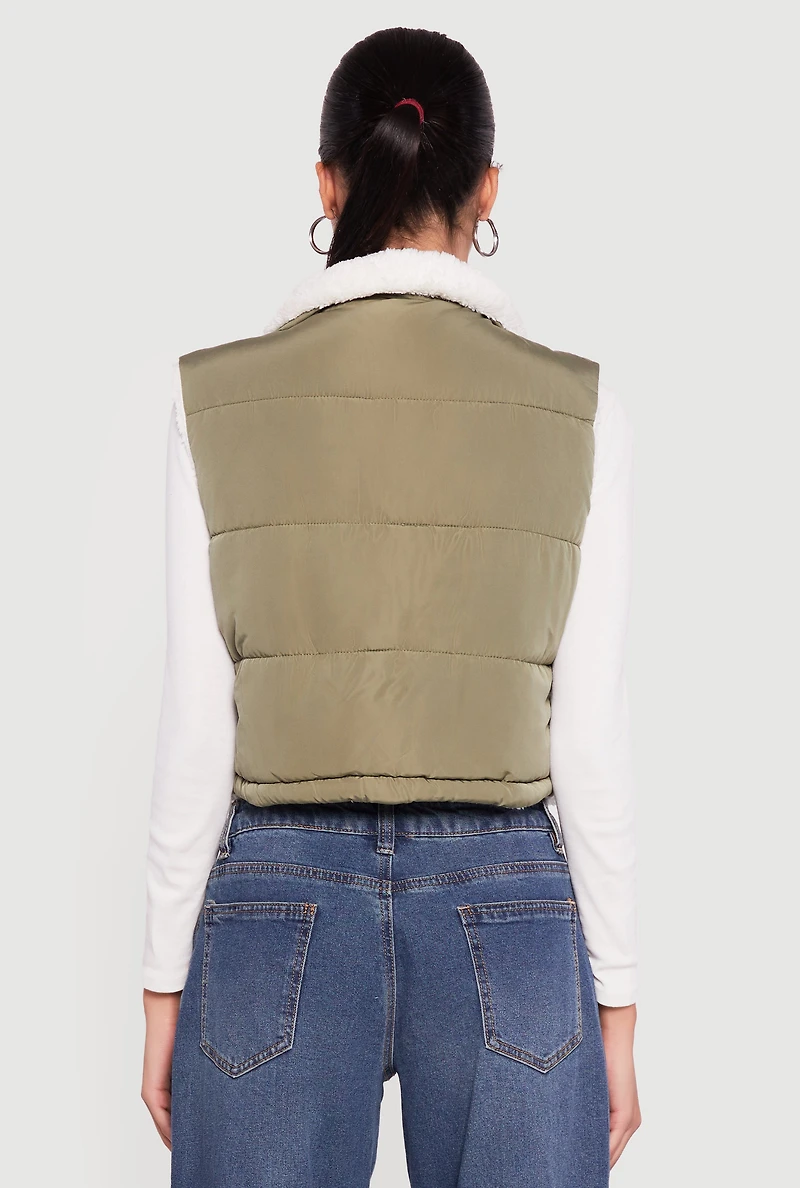 Sherpa Lined Drawstring Hem Zip Front Puffer Vest