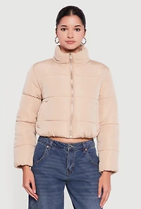 Solid Cropped Zip Front Puffer Jacket