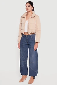 Solid Cropped Zip Front Puffer Jacket