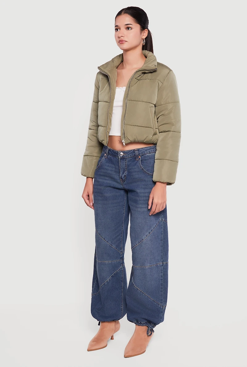 Womens Solid Cropped Zip Front Puffer Jacket, Green, Size M