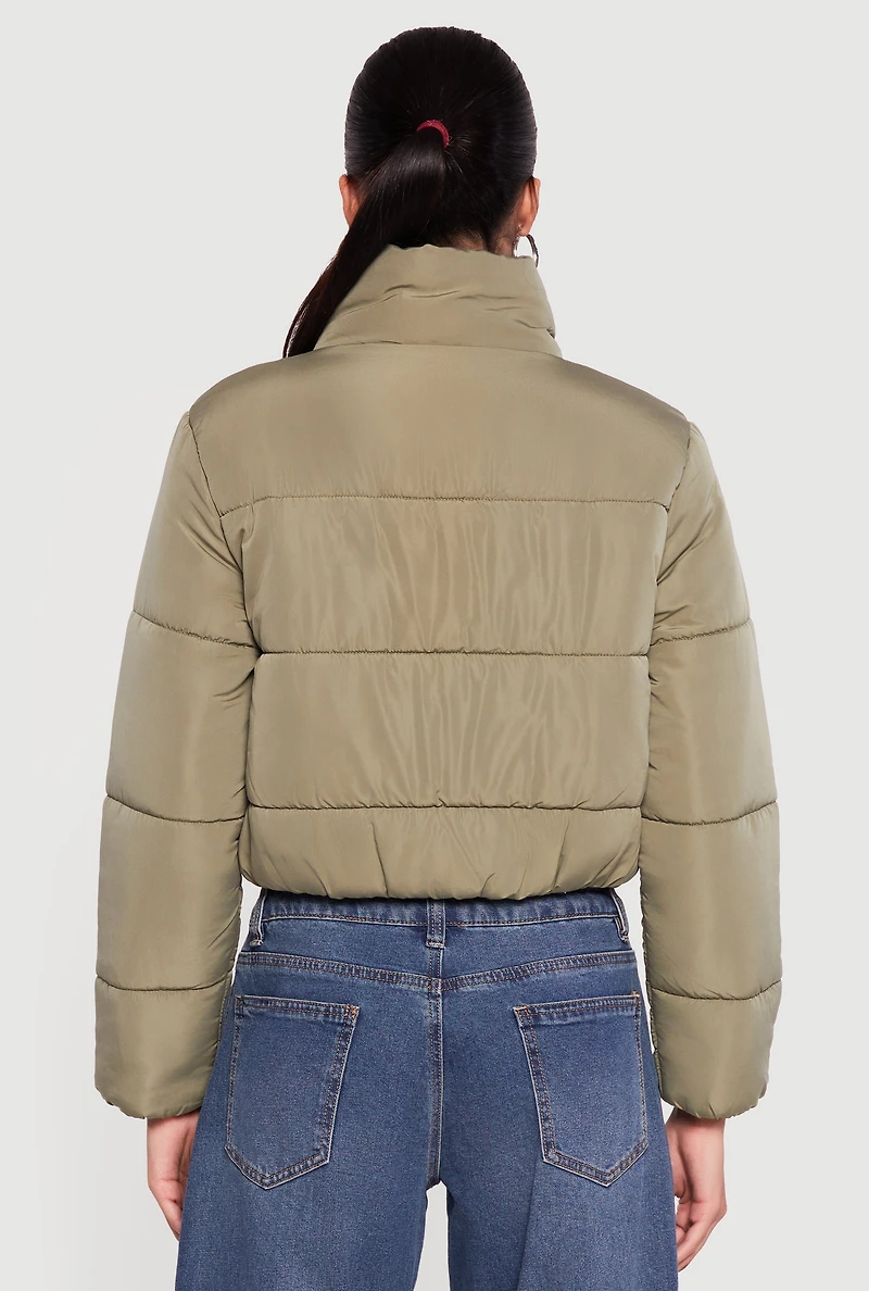 Womens Solid Cropped Zip Front Puffer Jacket, Green, Size M